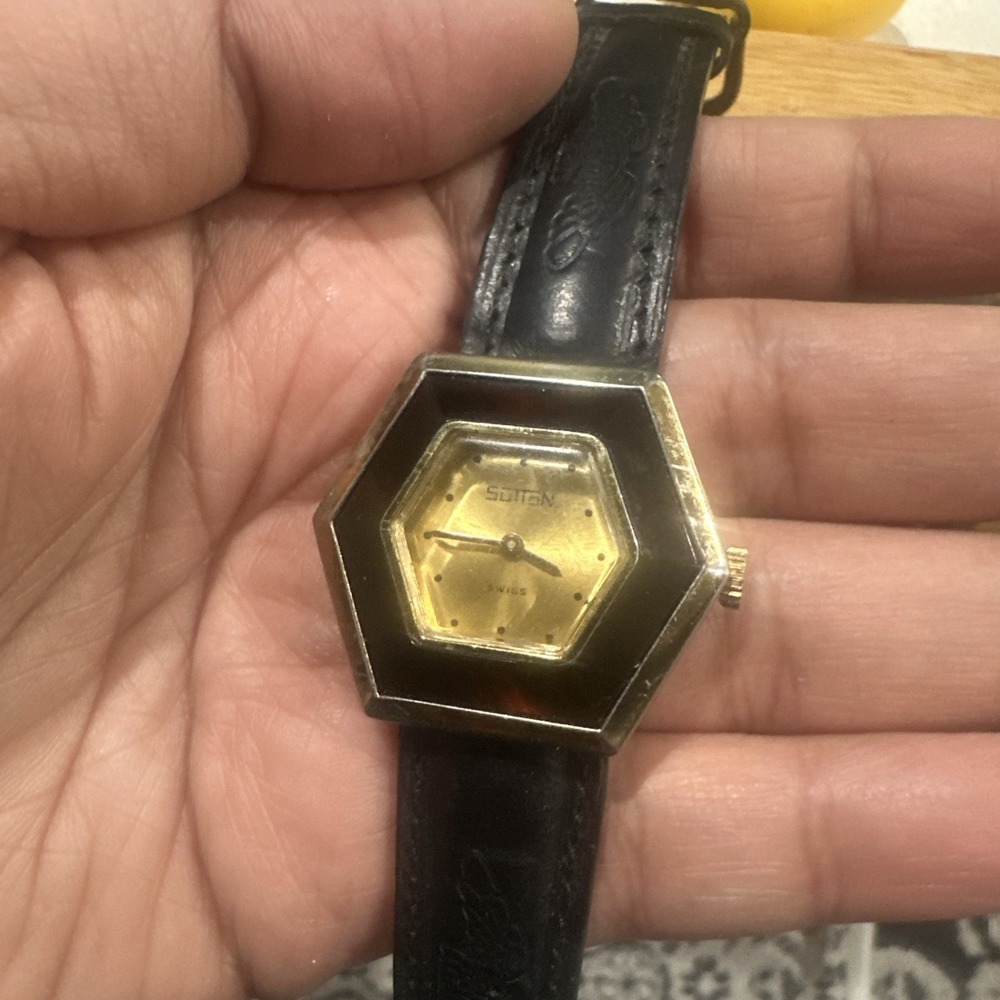 VTG Rare Sutton Swiss Hexagonal Manual Wind Ladies Watch 35mm Black Fits 7.75 - Picture 2 of 16